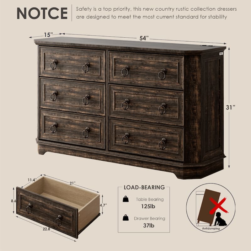 Farmhouse 6-Drawer Dresser with Charging Station