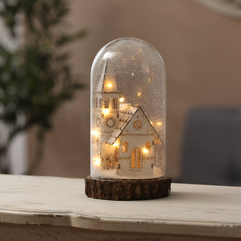 Christmas Snowy White Church Glass Dome Lantern
