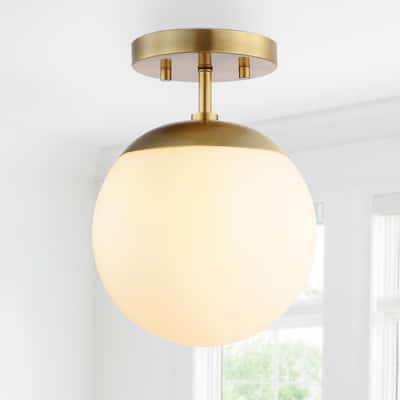 Galax Bistro 7.75" 1-Light Bohemian Farmhouse Iron/Frosted Glass LED Semi Flush Mount, Brass Gold/White by JONATHAN Y