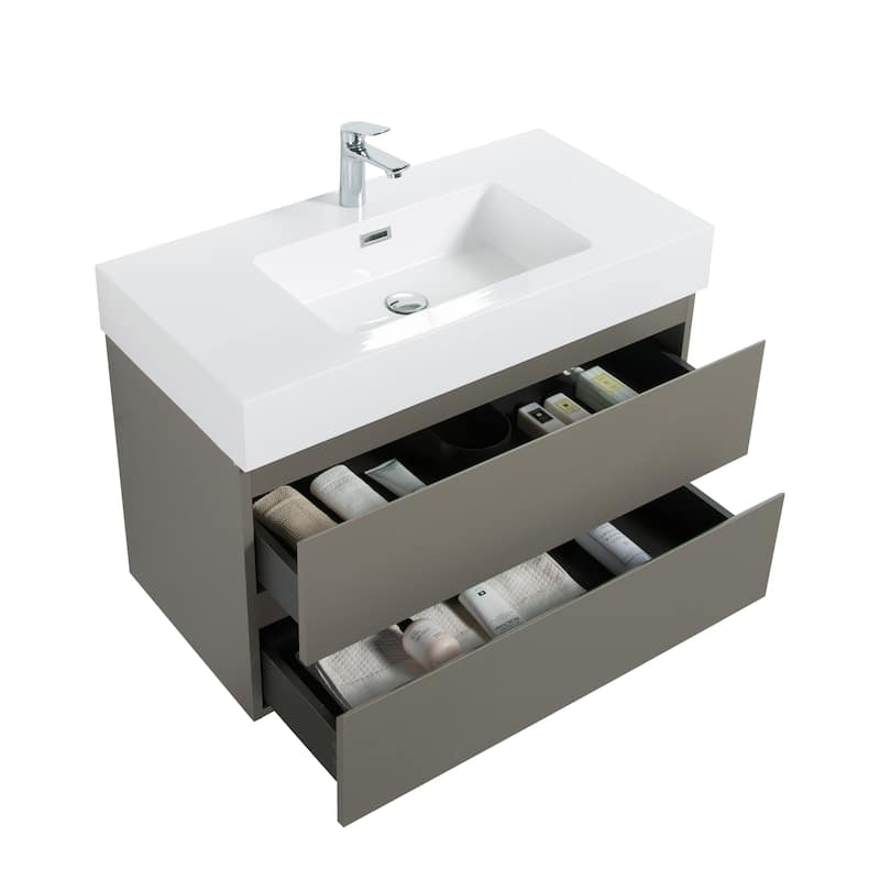 36"Bathroom Vanity with Sink,Storage Wall Mounted Floating Bathroom Vanity,One-Piece Black Sink Basin without Drain and Faucet