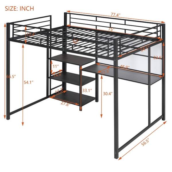 Contemporary Full Size Loft Bed with Desk and Whiteboard, Metal Loft Bed with 3 Shelves and Ladder, Maximized Space, Espresso