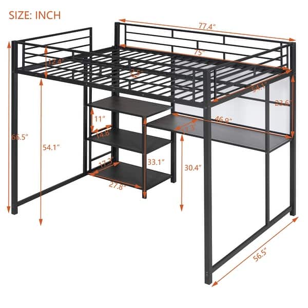dimension image slide 0 of 4, Twin Size Metal Loft Bed with Desk, Shelves, and Ladder - Sturdy Steel Frame for Kids' Exploration