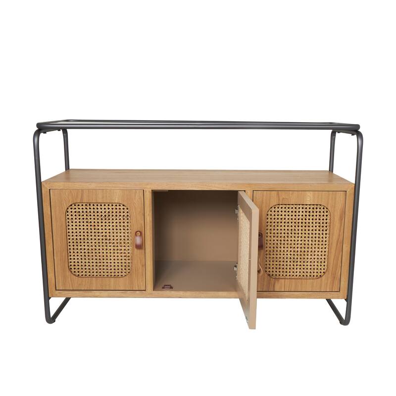 Brown Wooden Living Room Coffee Table with Cane Front Drawers and Gray Metal Frame