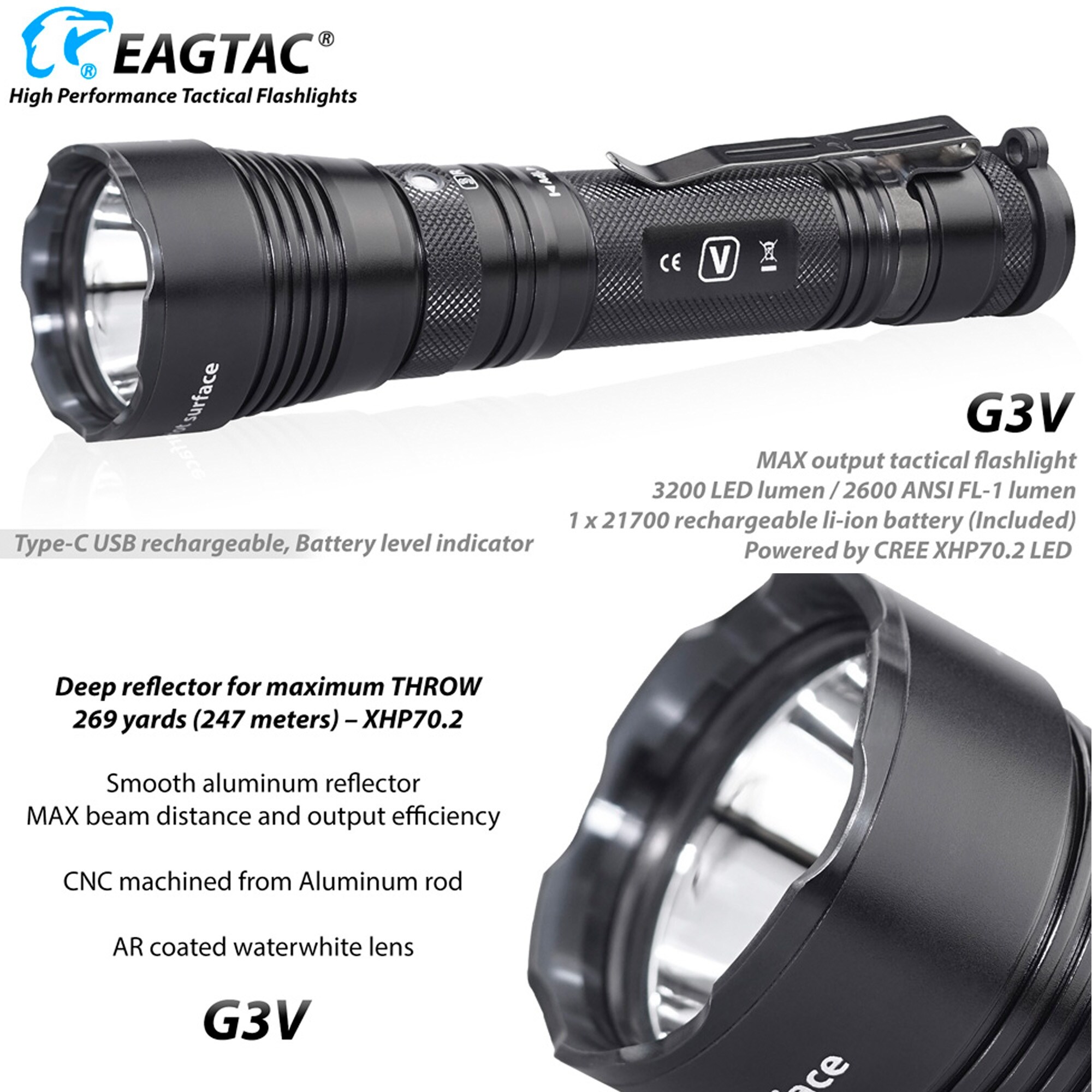 Shop Eagletac Eagtac G3v 3200 Lumen Cool Wt Led Rechargeable Flashlight Overstock 30391994