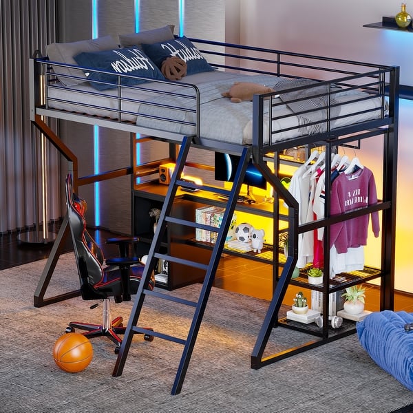 slide 2 of 14, Full Size Gaming Loft Bed with Built-in Desk & Open Wardrobe, Space-Saving Metal Loft Bed Frame w/LED Lights & Charging Station Black - Full