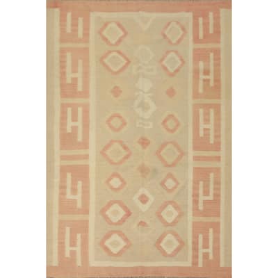 Hand Woven Oriental 100% Wool Carpet Southwestern Tribal Beige & Ivories Kilim Area Rug - 5' 8'' X 4' 1''