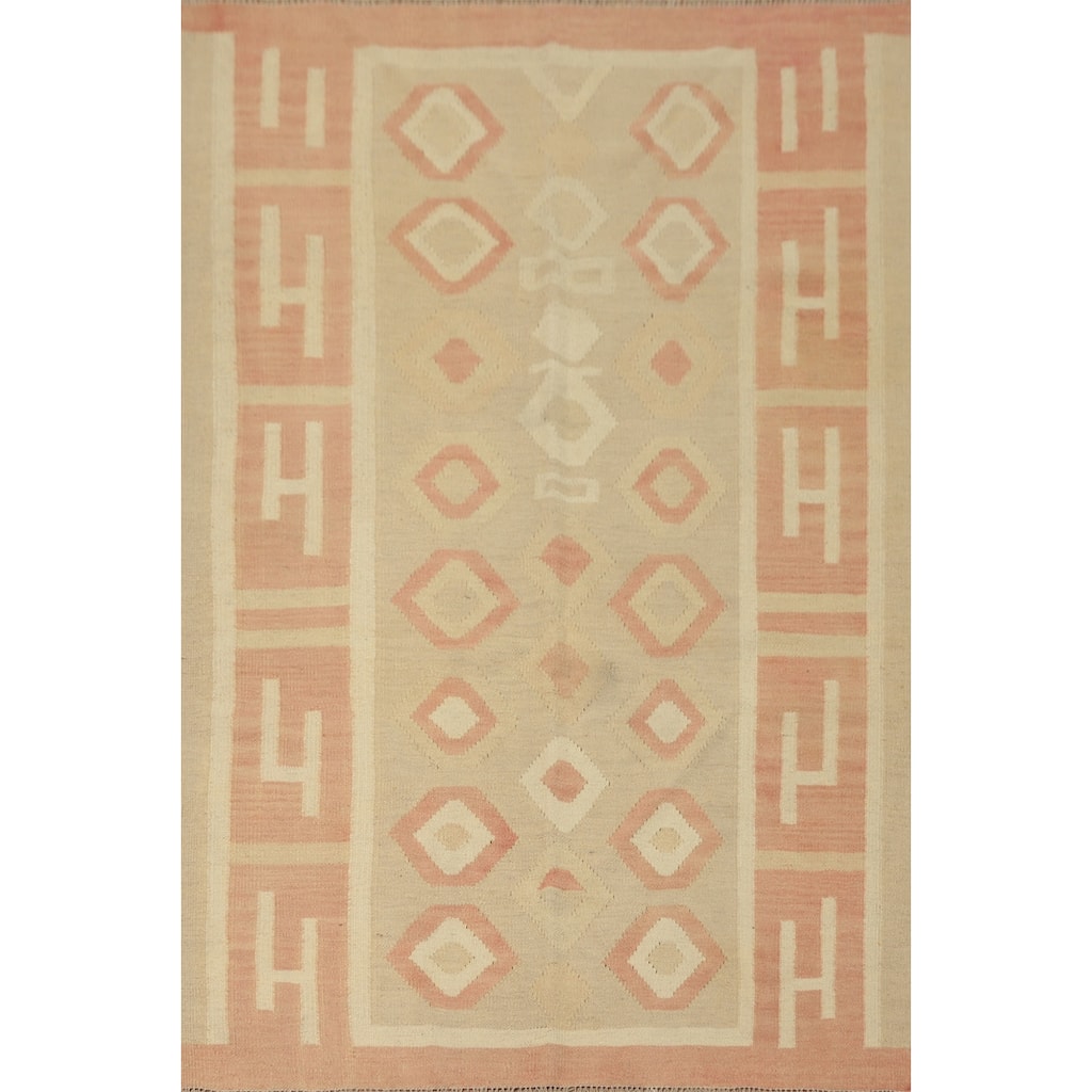 Hand Woven Oriental 100% Wool Carpet Southwestern Tribal Beige & Ivories Kilim Area Rug - 5' 8'' X 4' 1''