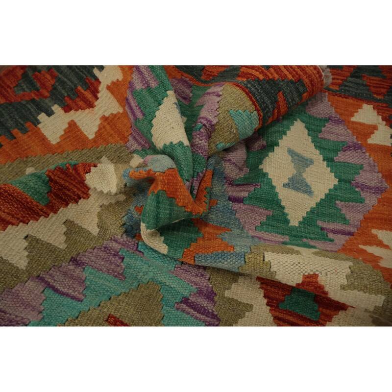 Hand Woven Oriental 100% Wool Carpet Southwestern Geometric Oranges & Rust Kilim Runner Rug - 9' 8'' X 2' 10''