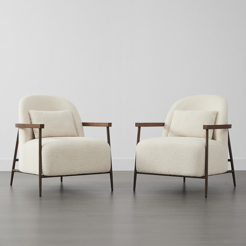 Spruce & Spring Anthony Modern Upholstered Faux Sherpa Chair with Wood Arms&Metal Legs - Set of 2 - Ivory-Teddy Fabric