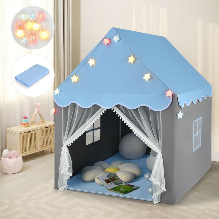 Kids Playhouse Tent with Star Lights and Mat-Blue - 41.5" x 48" x 53.5" (L x W x H)