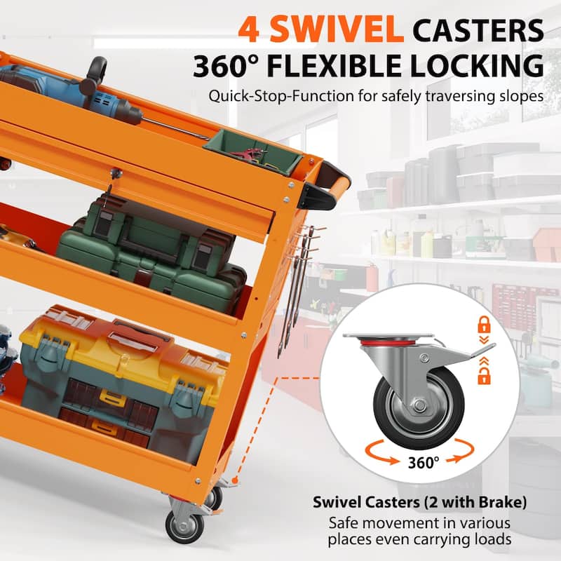3-Tier Rolling Tool Cart on Wheels for Mechanics with Utility Drawer