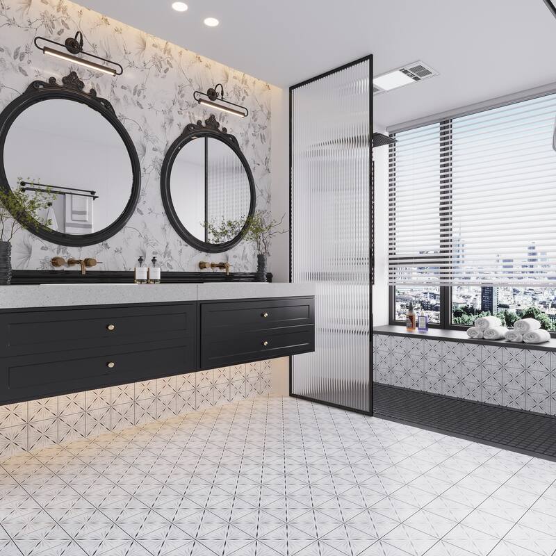 Artisana 12x12 in. Honed Dolomite, Ice Grey, Ania Black Starburst Mosaic Wall and Floor Tile (5 sq ft/case, 5-Pack) - White