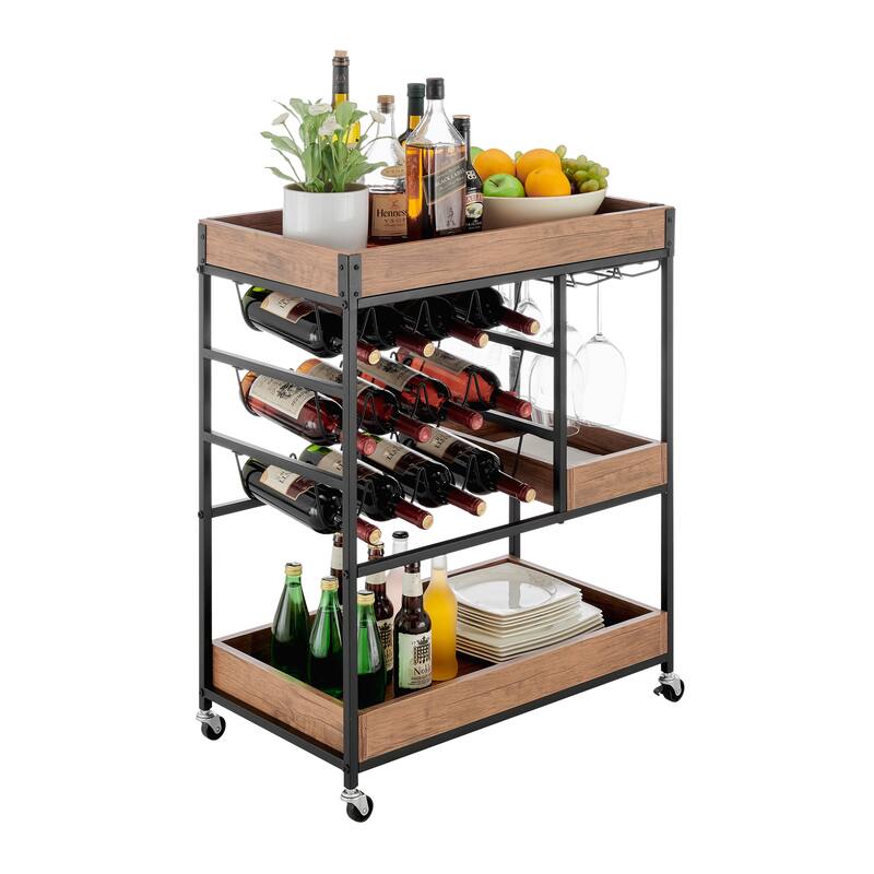 Rustic Walnut Veneer and Metal Rolling Farmhouse Wine Bar Cart with Wine Bottle and Glass Rack