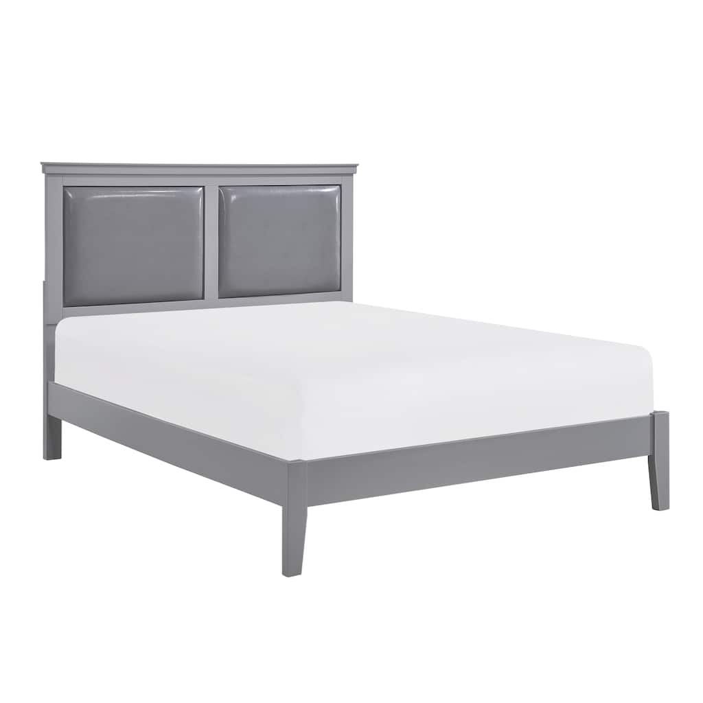 Queen Size Panel Bed with Upholstered Headboard and Wooden Frame in Classic Gray Finish