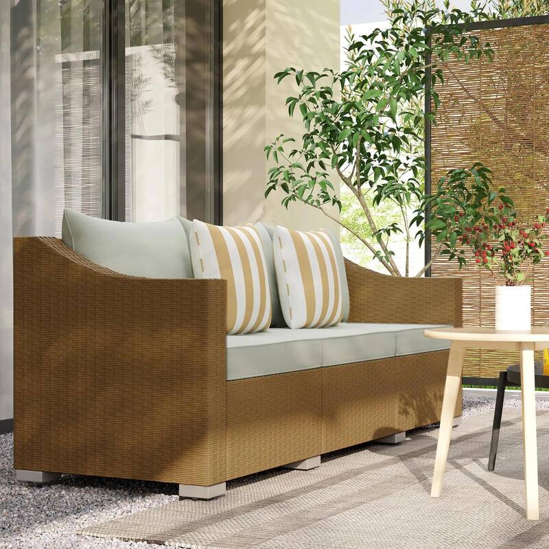 3 Seater Patio PE Rattan Couch with Cushions, 2 Throw Pillows - Light Grey