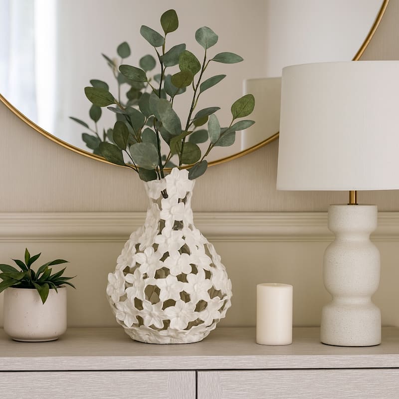 Aluminum Decorative Vase Floral Openwork Design Glam Style Modern - Ivory - 9.5" x 6" x 12"
