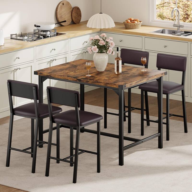 Dining Table Set for 4 w/Footrest & Corner Protector, 5-Piece Kitchen Table Set - Brown