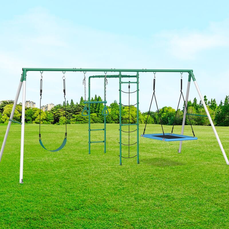 5 IN 1 Metal Swing Sets for Backyard with 2 Swings, Climbing Net, Trapeze Bar