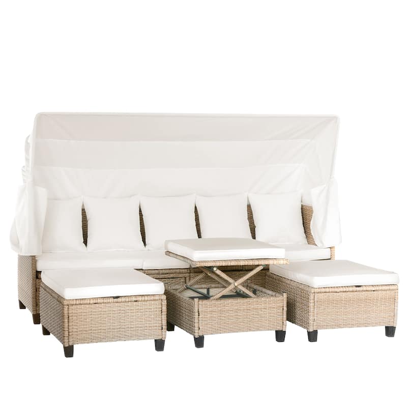 4 Piece UV-Proof Resin Wicker Patio Sofa Set with Retractable Canopy, Cushions & Lifting Table, Beige