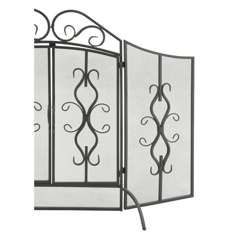 Gray Metal Foldable Mesh Netting 3 Panel Scroll Fireplace Screen
