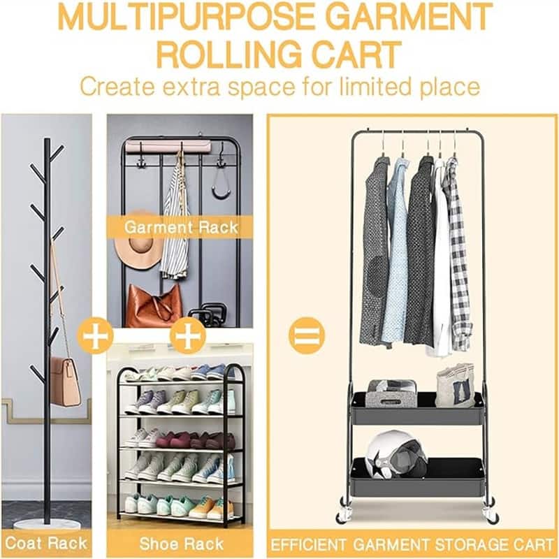 Clothing Rack with 2 Tier Metal Basket, - 12.2"D x 20.6"W x 60.2"H