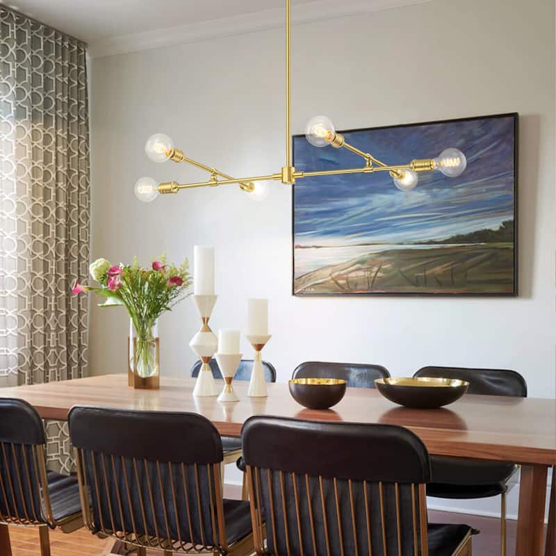 6-Light Mid-Century Brass Metal Pendant Light for Dining Room - 6 Light