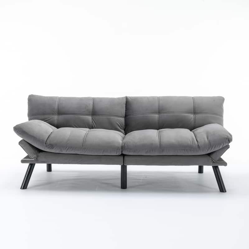 Modern Convertible Folding Sofa Bed, 2-Seater Velvet Upholstered Couch - Light Grey