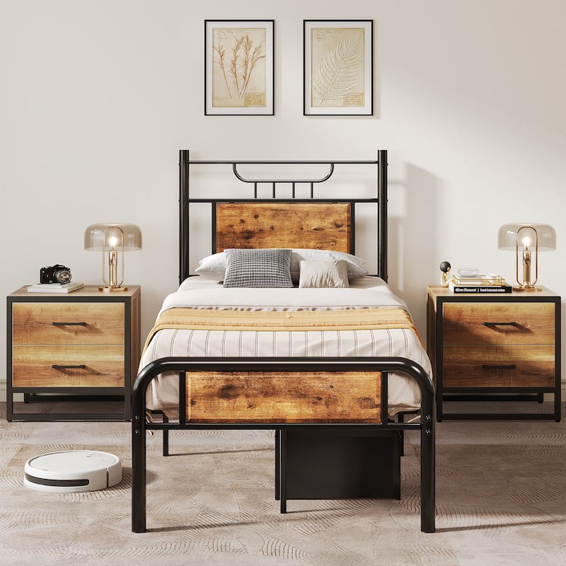 Moasis Wood and Metal Platform Bed Frame with Headboard Twin/Full/Queen Size - Black/Brown - Twin