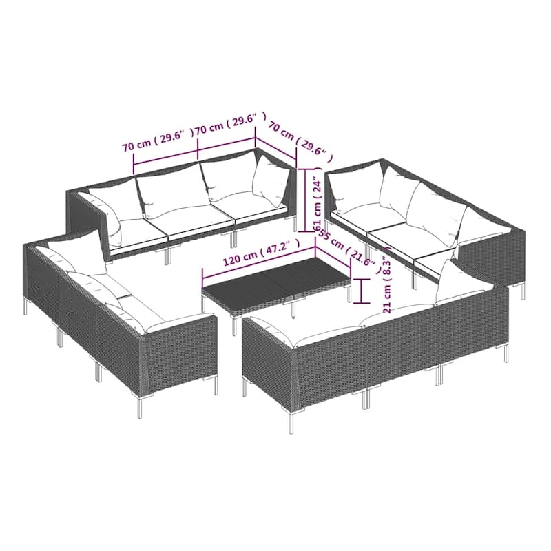 vidaXL Patio Lounge Set with Cushions Poly Rattan - 27.6" x 27.6" x 24"