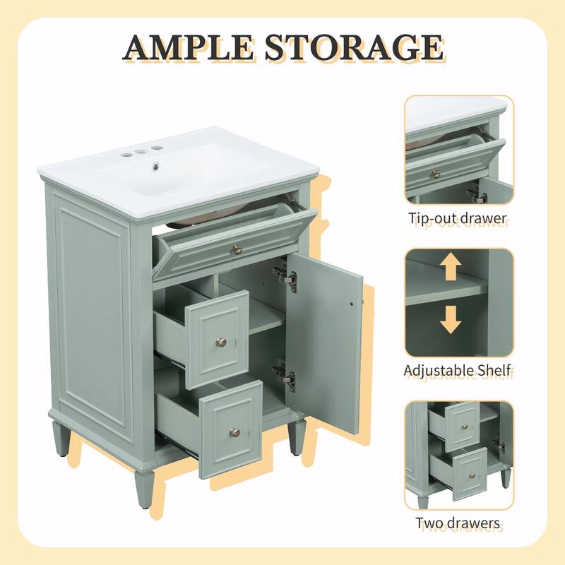 24" Bathroom Vanity with Sink, Bathroom Vanity Cabinet with One Flip Drawer and Two Drawers, Adjustable Shelf