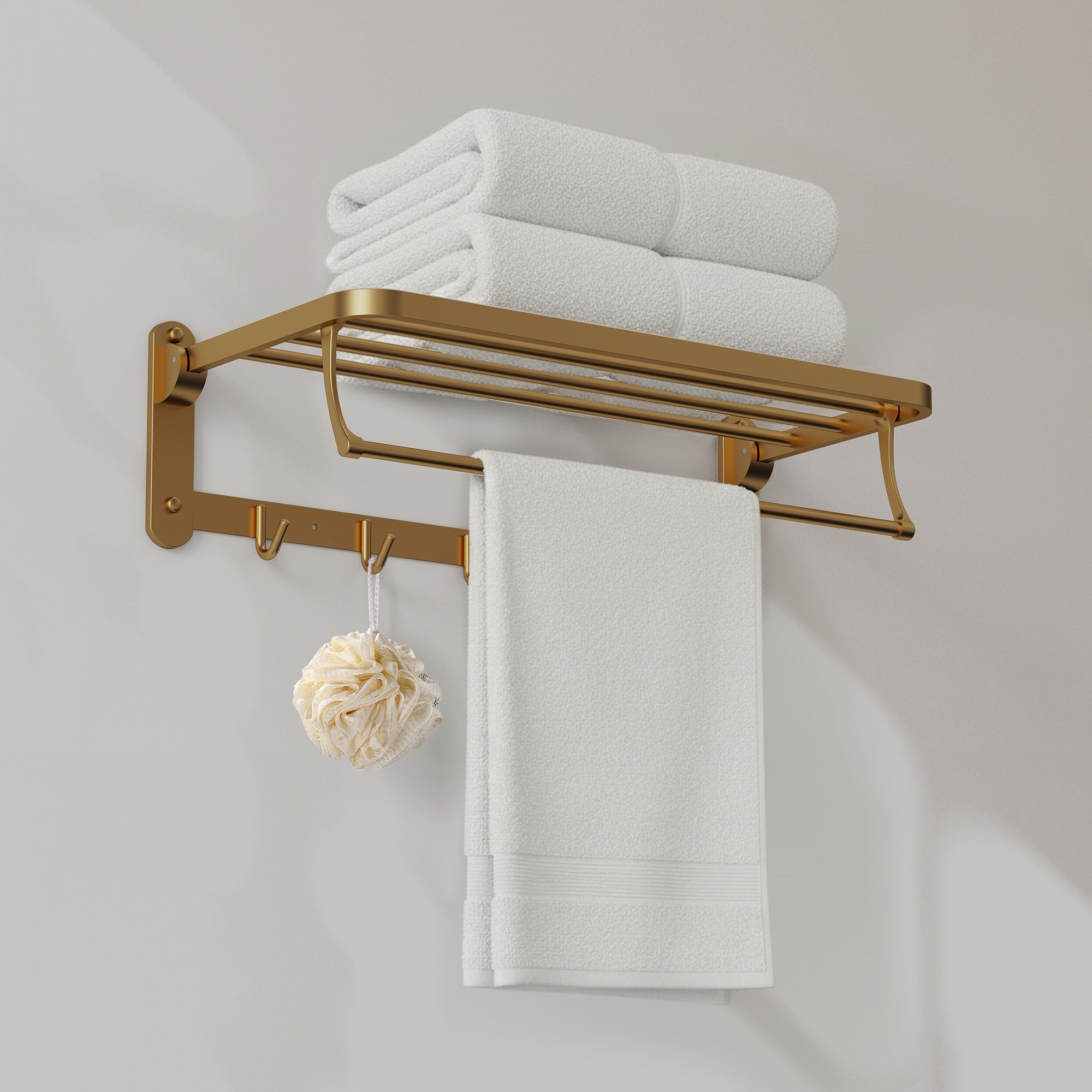 23.6 Inch Wall Mounted Bathroom Towel Rack with Shelf Towel Bar and Multiple Hooks 304 Stainless Steel