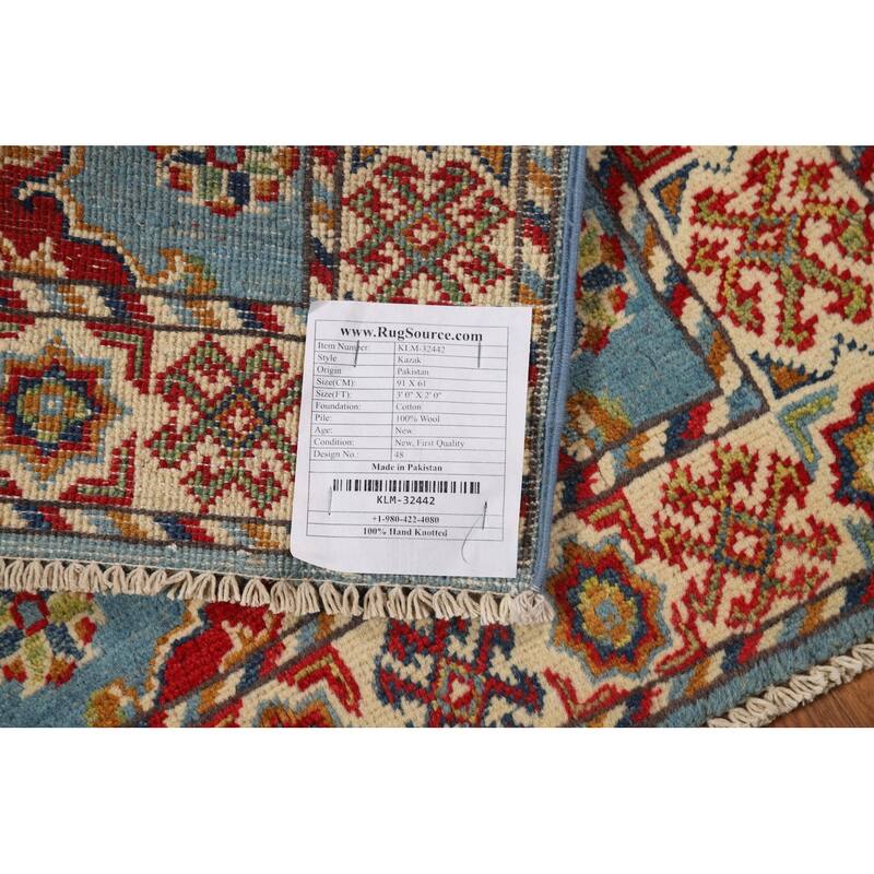 Light Blue Kazak Foyer Rug Handmade Traditional Wool Carpet - 2'0" x 3'0"