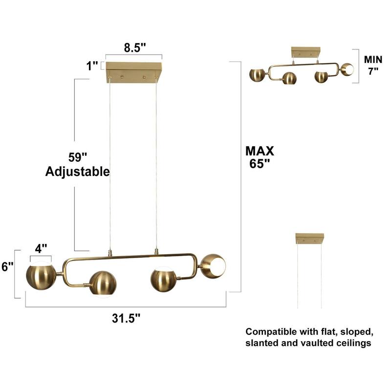 Modern 4-Light 31.5" Gold Brass LED Chandelier Metal Linear Island Lights for Dining Room