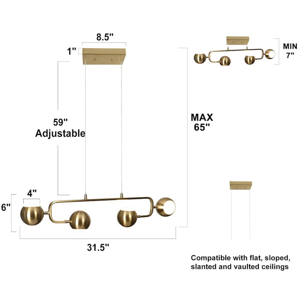 Modern 4-Light 31.5" Gold Brass LED Chandelier Metal Linear Island Lights for Dining Room