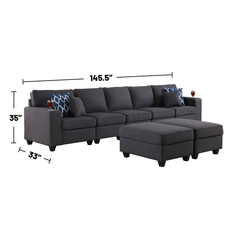 Linen Upholstered 5-Seater Sofa with 2 Ottomans in Dark Gray