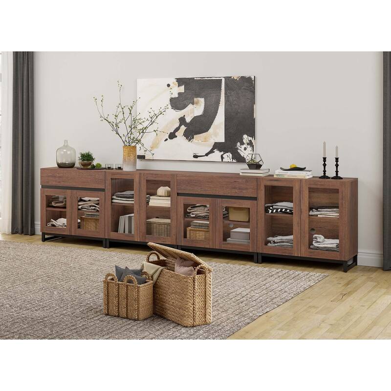 4 in 1 Multifunctional Dresser with Glass Doors & 2 Drawers, Adjustable Shelf & Metal Base Storage Cabinet - Brown - 2-drawer