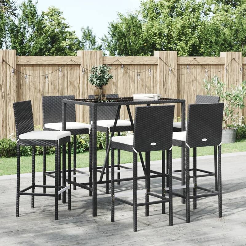 vidaXL 5 Piece Patio Bar Set with Cushions Black Poly Rattan - 15.7" x 17.3" x 42.5" - Black7 Piece