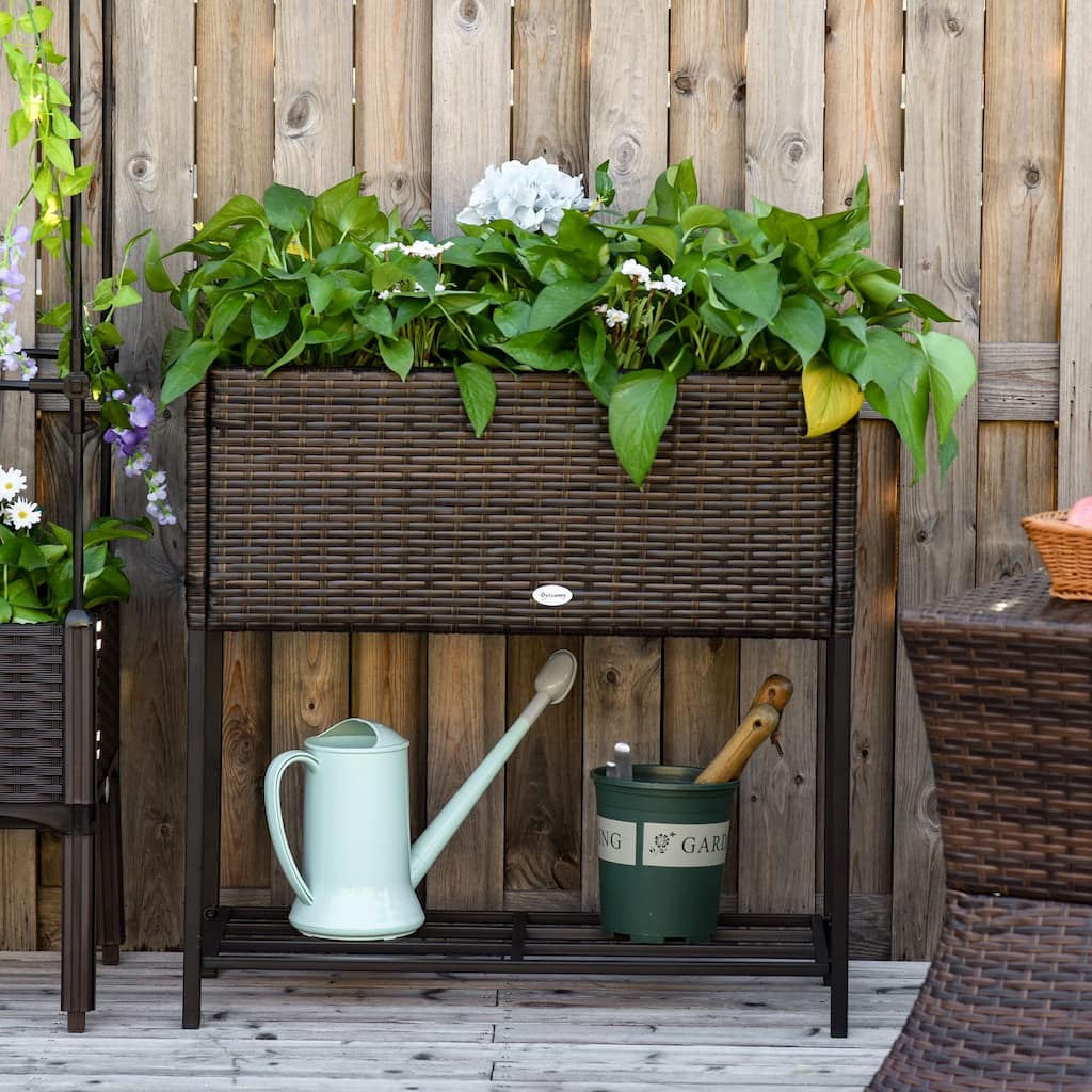 Outsunny Indoor/Outdoor Rattan Flower Planter Box with Tool Storage Rack Below and Sturdy Elevated Work Area, 28" H