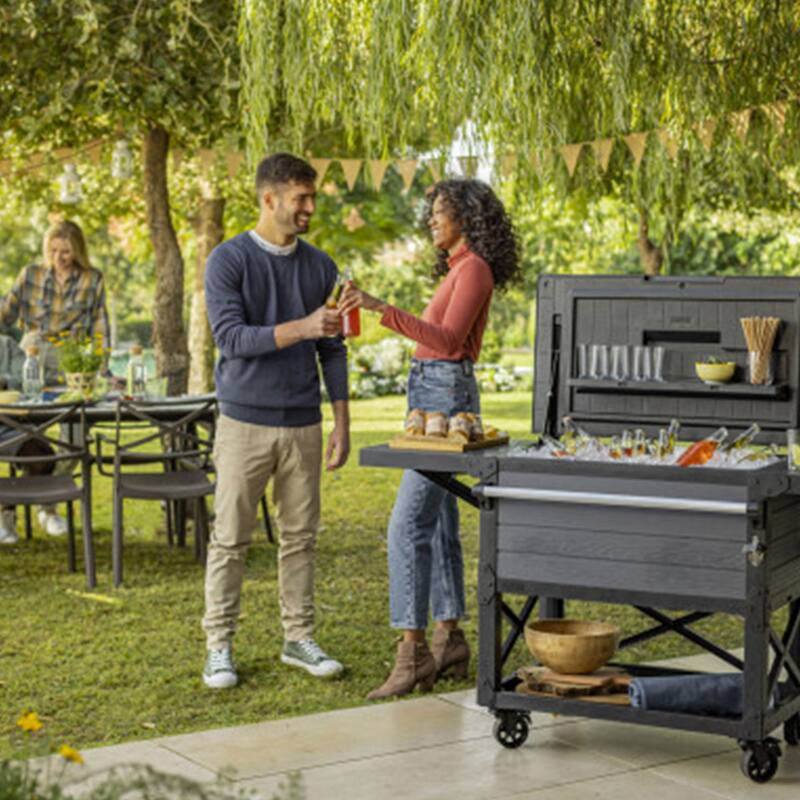 Keter Outdoor Patio Cooler Chest, 89.8 Qt Beverage Bar Cart w/ Wheels, Graphite