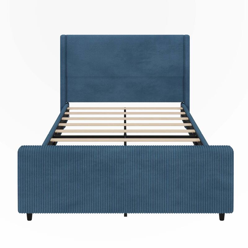 Corduroy Upholstered Bed Frame with Vertical Stripe Wingback and High Footboard