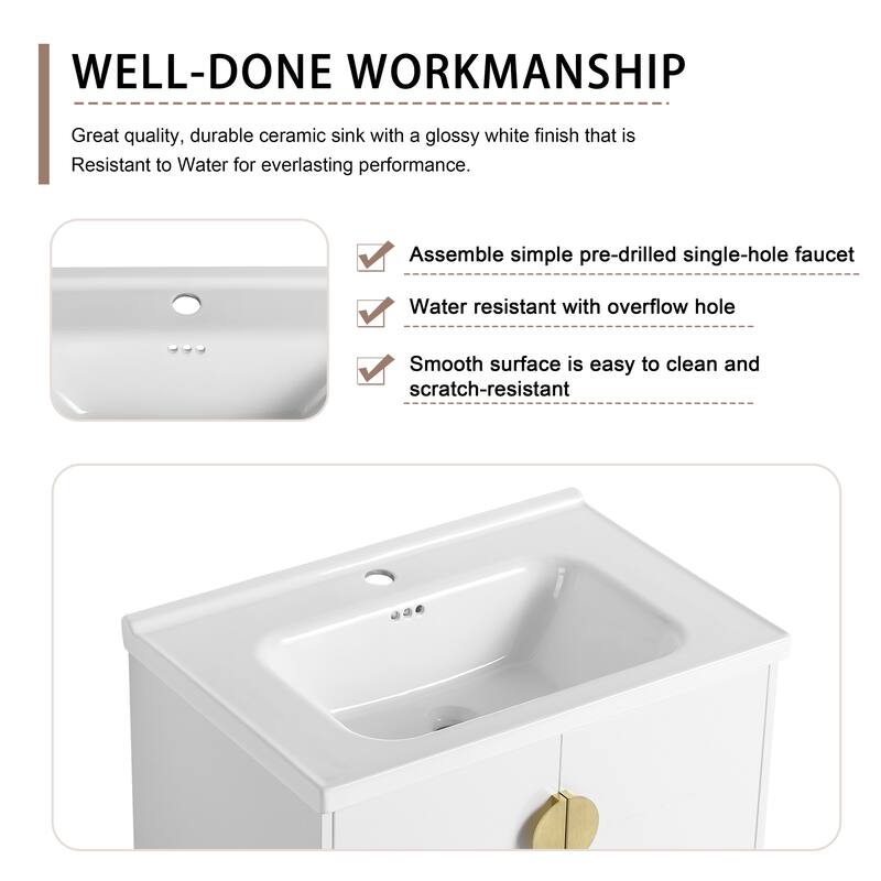 Wall-Mounted Bathroom Vanity with Ceramic Basin, Soft-Close Doors, and Customizable Metal Handles