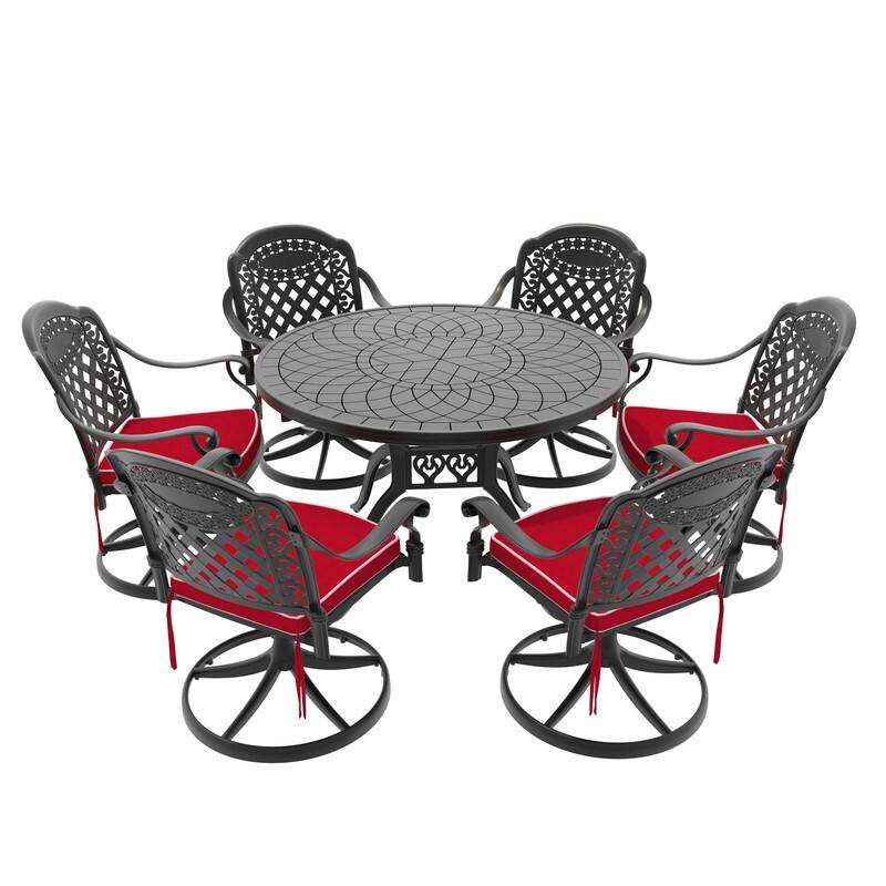 7-Piece Aluminum Round Outdoor Patio Dining Set, 6 Cushioned Swivel Chairs, Table, All-Weather Frames