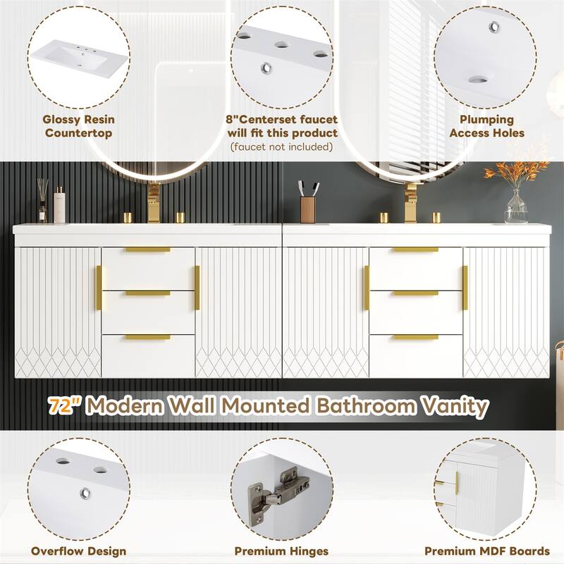 72" Wall Mounted Floating Bathroom Vanity with Storage Cabinet and Drawers