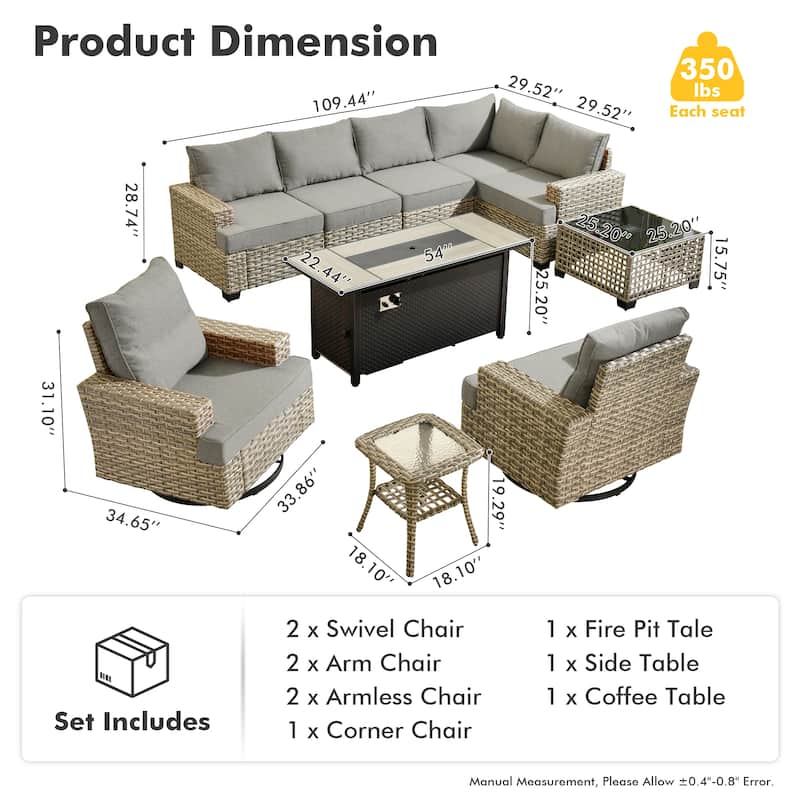 OVIOS 10 Pieces T shaped Seat Wide Armrest Swivel Chair Set With Solar-Powered Table&Fire Pit
