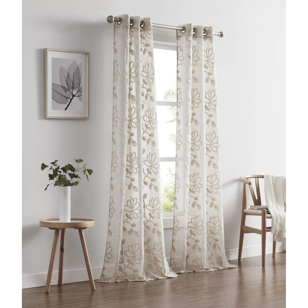 Dainty Home Rita Chenille Floral Embroidered Faux Linen Textured Light Filtering Grommet Curtain Panels, Set of 2 Panels
