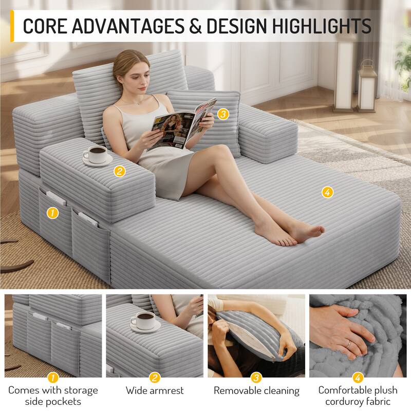 Luxurious Plush Corduroy Chaise Lounge Convertible Sofa Bed with Storage Pocket and Wide Armrests