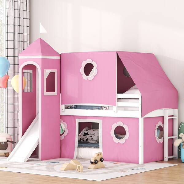 slide 2 of 9, Pink Twin size Pine Wood Castle-Inspired Bunk Bed with Slide and Ladder Twin - Pink
