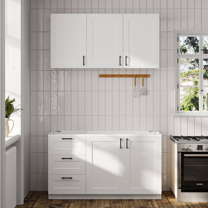 Modular White Kitchen Cabinet Set Customizable Base and Wall Cabinets Pantry Storage and DIY Countertop Design(Without desktop)