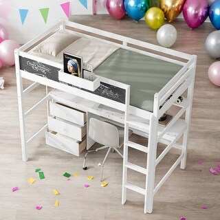 Wood Twin Loft Bed with Desk, Blackboard, and Storage,Kids Bed Design