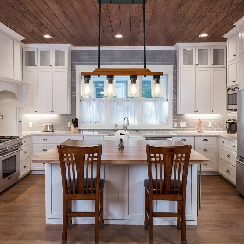 Farmhouse Chandelier for Dining Room Kitchen Island Rustic Wood Linear Pendant Light with Seed Glass Shade